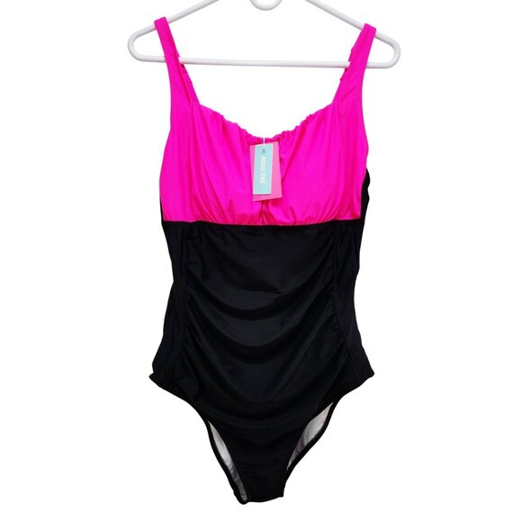 Pink & Black One-Piece Swimsuit Ruching & Adjustable Straps Aqua Eve Size XL - Picture 1 of 9
